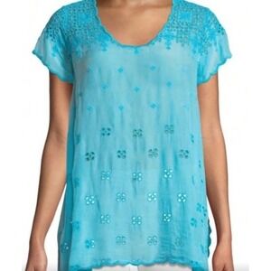 Johnny Was Darla Tunic Aqua Blue Crochet Eyelet Cupra Rayon Handkerchief Hem S M